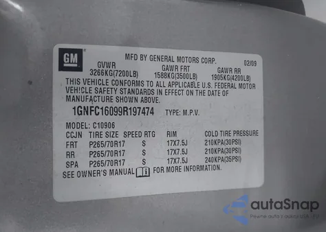 2009 Chevrolet Suburban 1500 Ls z USA, uszkodzony, nr VIN 1GNFC16099R197474